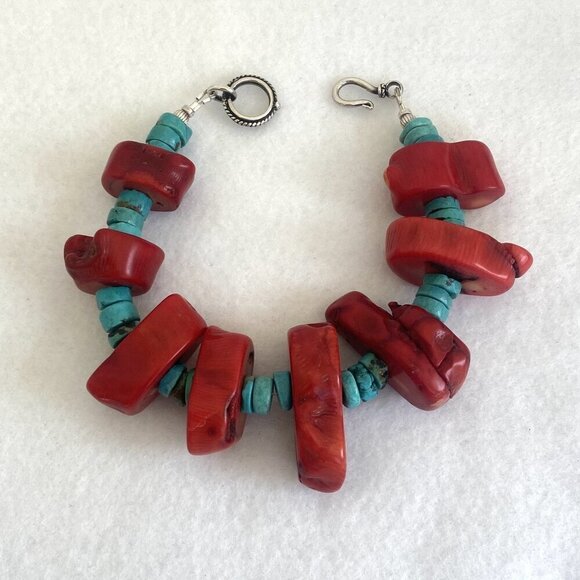 VTG Southwest Chunky Red Coral & Heishi Turquoise Beaded Bracelet Fits 7" Wrist - Picture 5 of 16